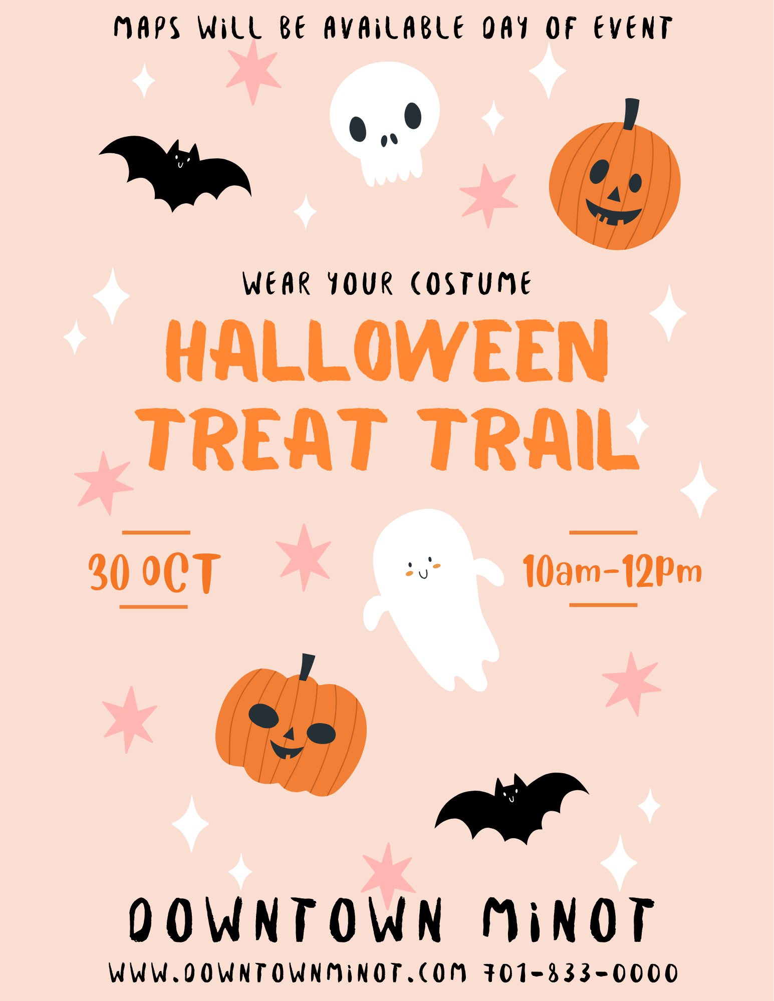 Downtown Minot Halloween Treat Trail poster: October 30, 2026, 10 a.m. to noon. Wear your costume; maps available on the day of the event.